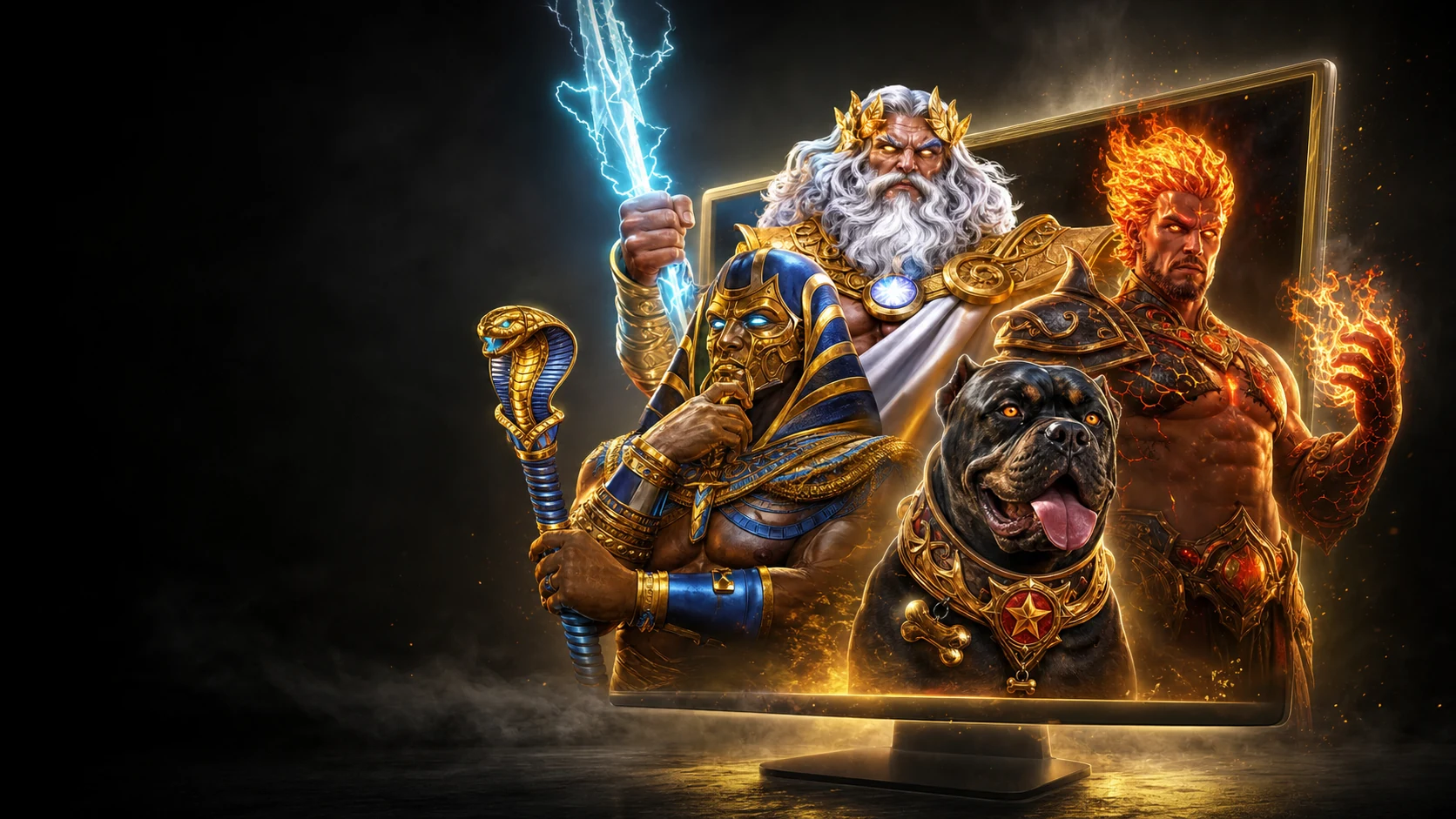 Goldene und feurige 24Casino Bonuswelt mit mythischen Figuren